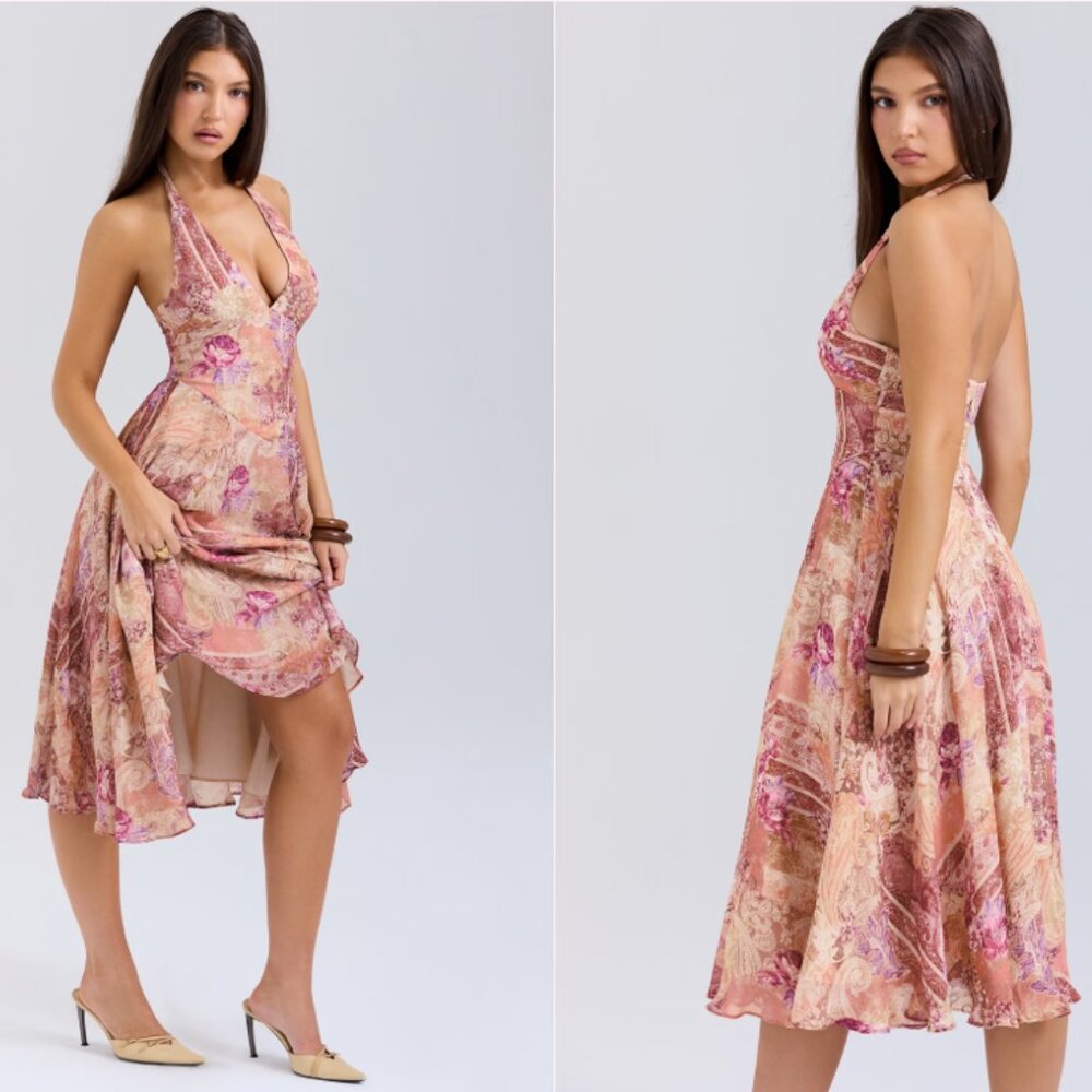 House of CB 'Solada' paisley patchwork print georgette halter sundress nwot - Picture 5 of 10